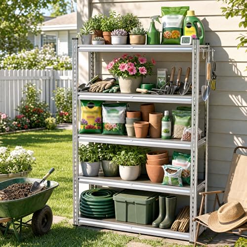 Romorgniz Plant Shelf Waterproof & Rustproof Metal Shelving with PP Broad Outdoor 2000Lbs Adjustable Galvanized Plant Shelf for Patio Gardening Closet Kitchen Basement 60 H x 27.5 W x 11.8 D
