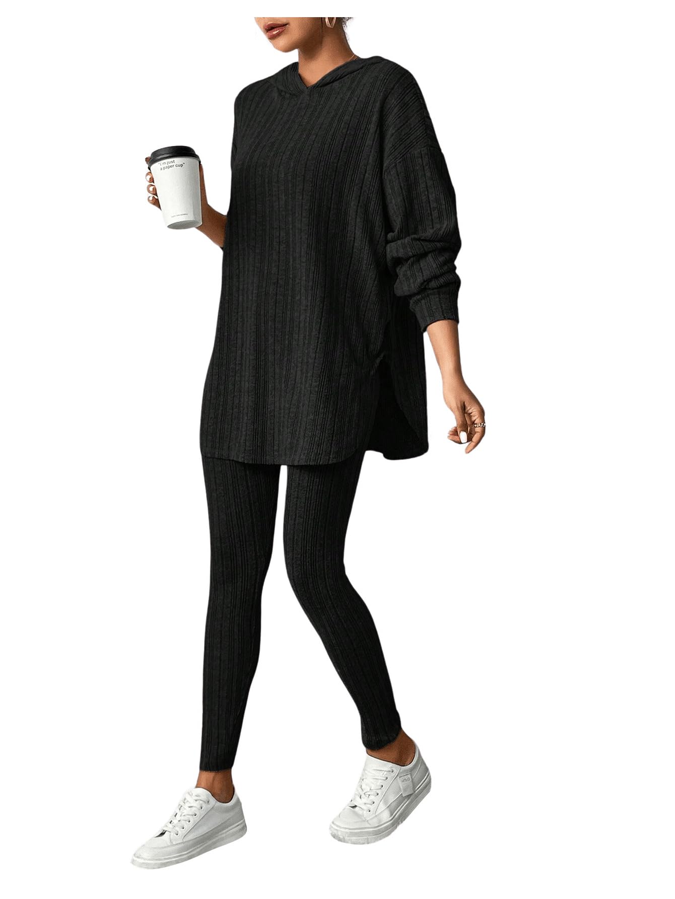SweatyRocks Damski dwuczęściowy dres do joggingu, z dzianiny żeberkowej, z długim rękawem, bluza z kapturem, spodnie z dzianiny, zestaw do noszenia na co dzień