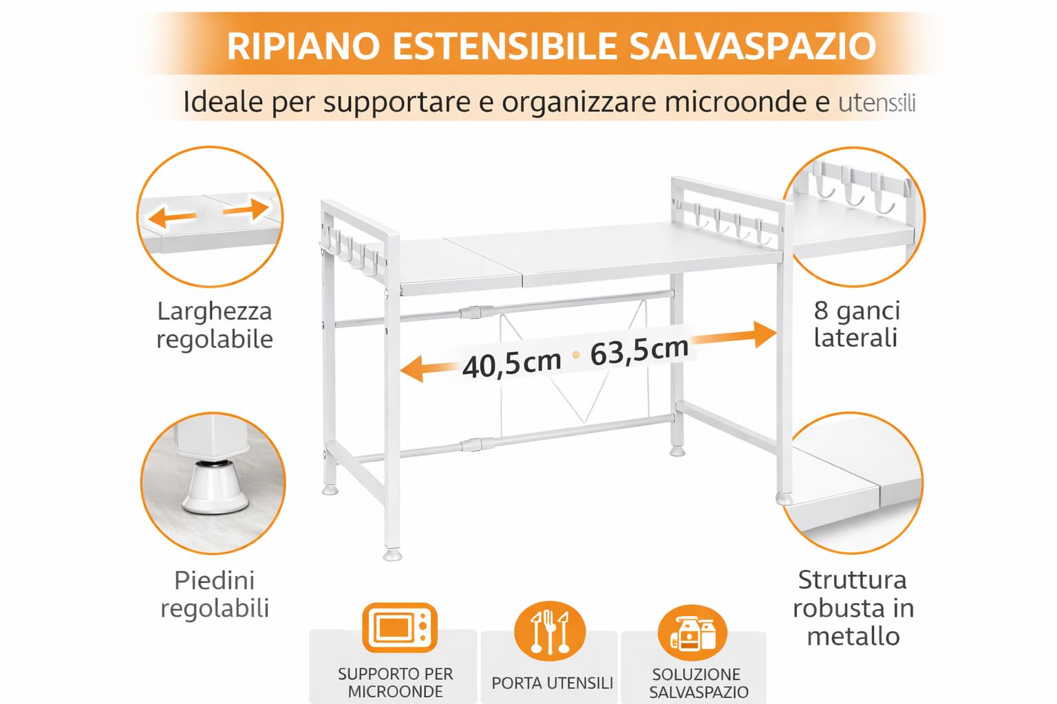Mensola Estensibile Salvaspazio da Cucina, Supporto per Microonde e Fornetto Elettrico in Metallo con 8 Ganci Laterali e Piedini Regolabili, 40,5-63,5 x 31,5 x 42 cm (Bianco)