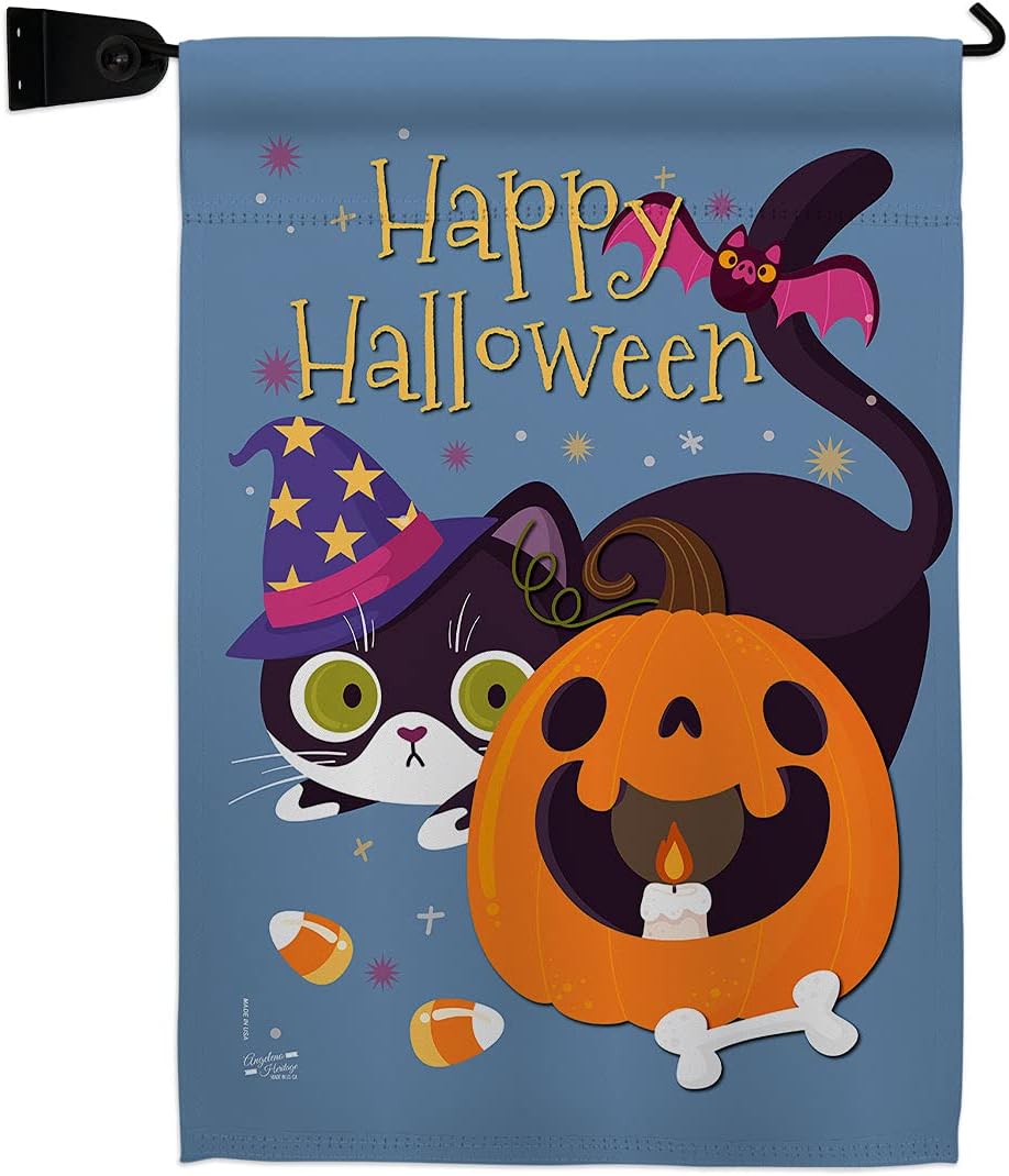Witchy Cat Burlap Burlap Garden Flag Set Wood Dowel Falltime Halloween Witch Trick or Treat Spooky Night Black Season Autumntime Pumpkin Small Gift Yard House Banner Double-Sided Made In USA 13 X 18.5