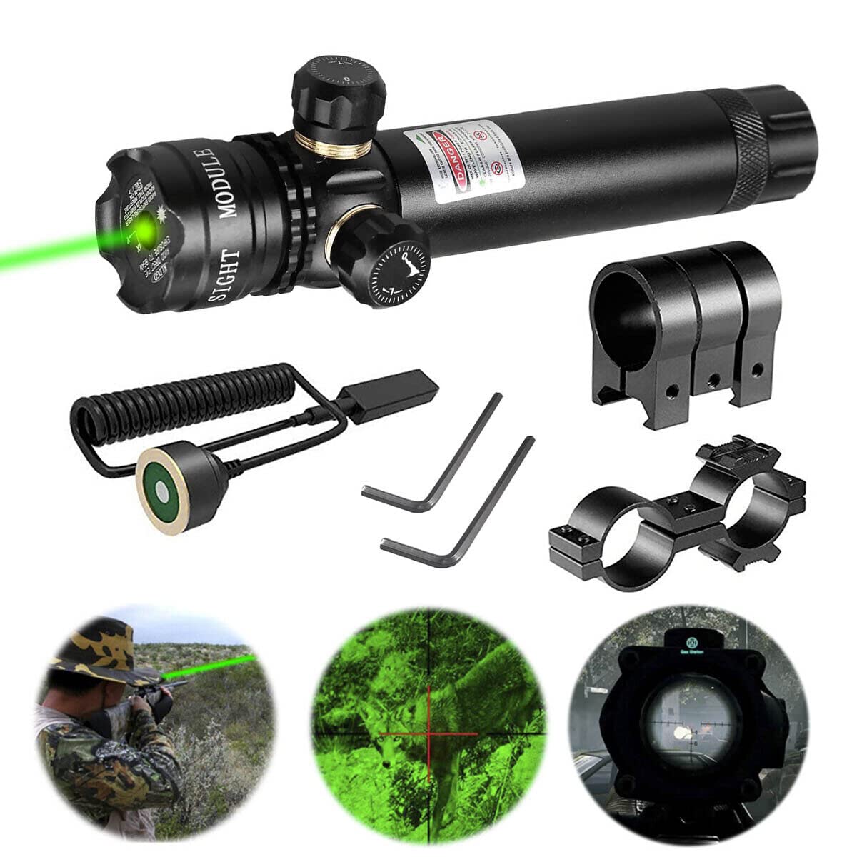 532nm Tactical Green Laser Sight Hunting Rifle Dot Scope with On/Off Swith Picatinny/Weaver Mounts + Barrel Mount