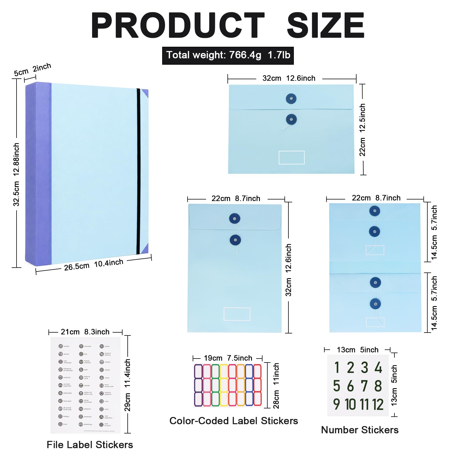 Ważny organizer na dokumenty, organizer na dokumenty 32,5 x 26,5 x 5 cm, z kieszeniami w 3 rozmiarach, etykietami i indeksami, niebieski, rozszerzany folder do domowego biura