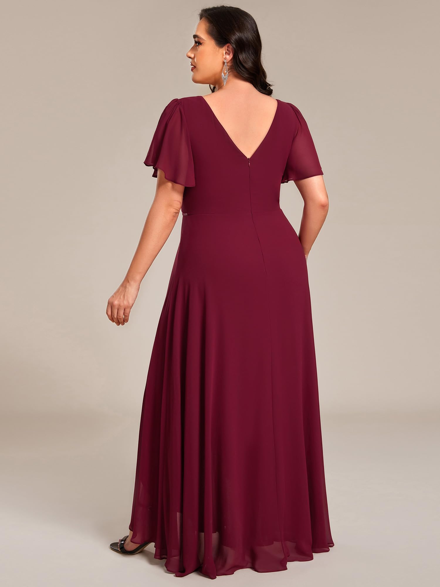 Ever-Pretty Plus Abito da sera formale da donna con scollo a V in chiffon con perline pieghettate maniche corte lunghezza tè plus size abiti da sera formali 41981-, Borgogna, 52