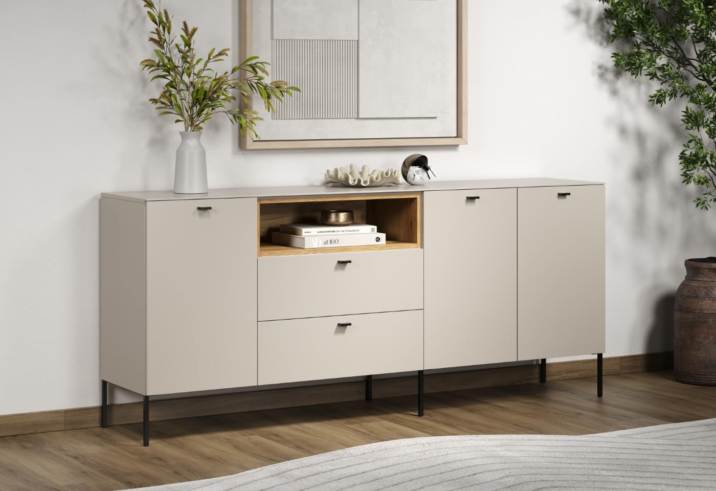 trendteam smart living Sao Paulo Sideboard Kashmir (Beige)/Evoke Eiche Kommode mit Soft-Close Funktion 197 x 85 x 42 cm Schwarze Metallgriffe und -Füße