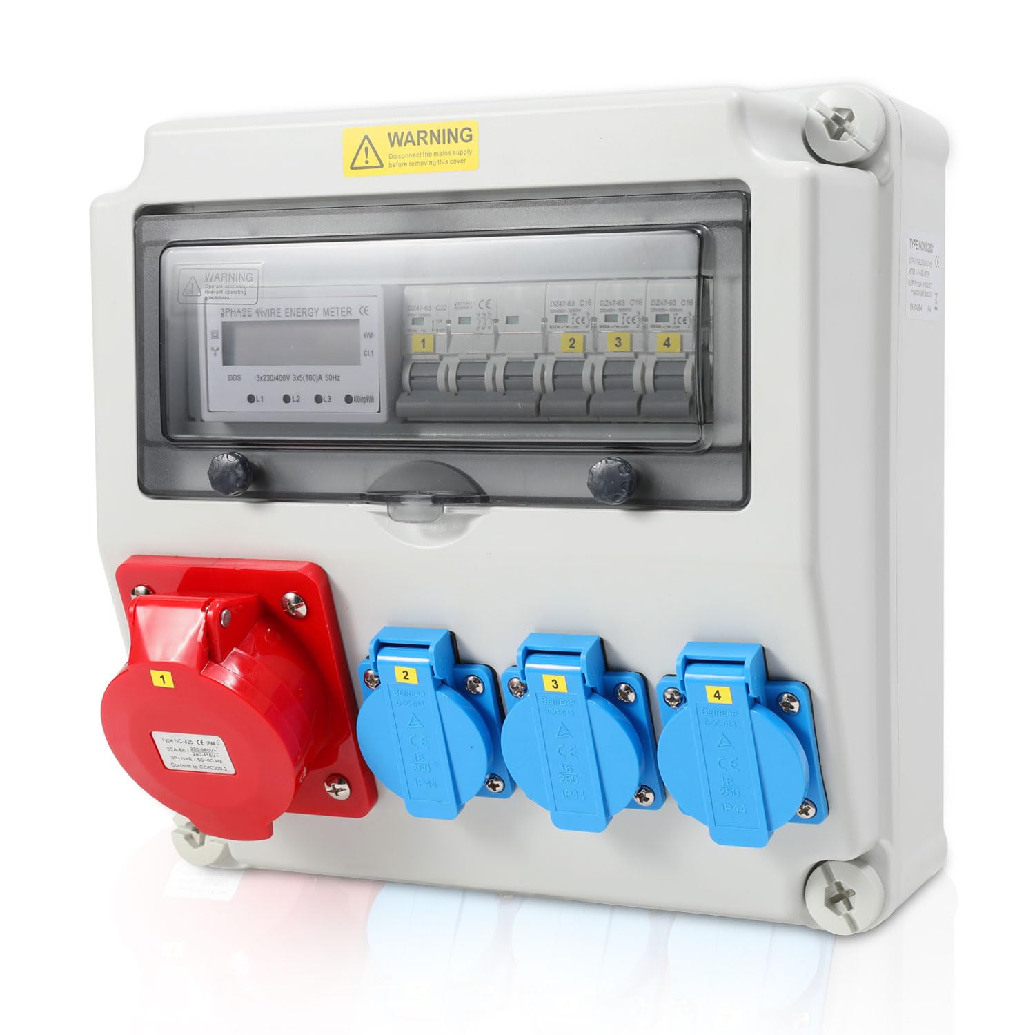 Sonnewelt Distributore da parete con contatore elettrico a 3 fasi e MCB, 5 poli, con 3 prese Schuko e presa CEE 32 A, distributore di corrente per interni ed esterni