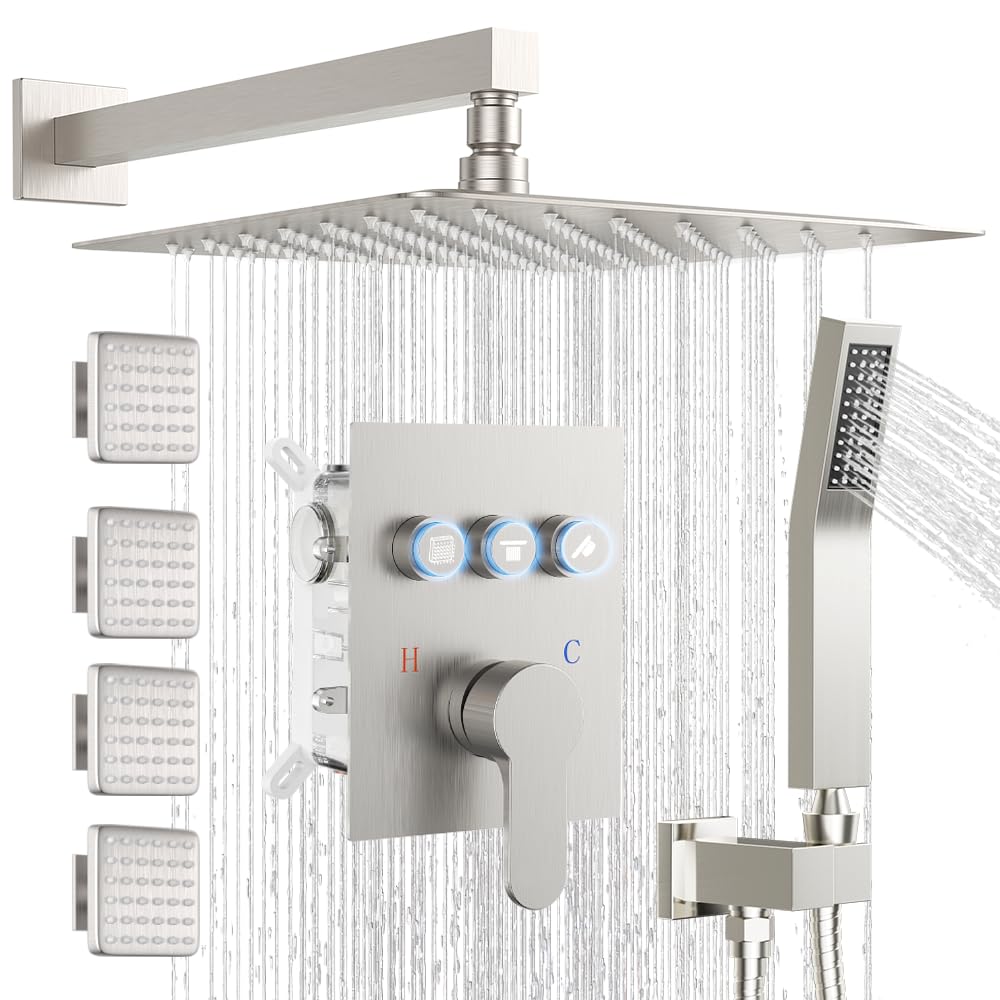 Shower System with Body Jets, Bostingner Shower Faucet Set 12" Rain Shower Head with Handheld Spray, Can Use at Same Time, 3 Way Push Button Diverter Shower Set Complete, Brushed Nickel