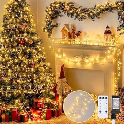 JMEXSUSS Warm White Christmas Lights Indoor, 20ft Connectable 400 LED Cluster Lights Christmas Outdoor with Remote, 8 Modes Plug in Christmas Tree Lights for Christmas Tree Wreath