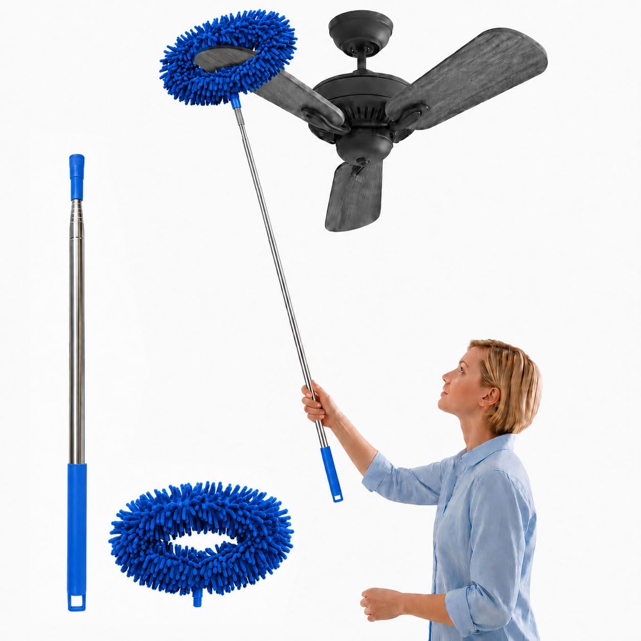 Fan Cleaner Brush with Long Rod Telescopic Cleaning Mop Microfiber Dust Cleaner Foldable Duster for Home Cleaning Microfiber Duster for Cleaning of Home Kitchen Car Ceiling (Blue-Dense Chenille Fiber)-image-39