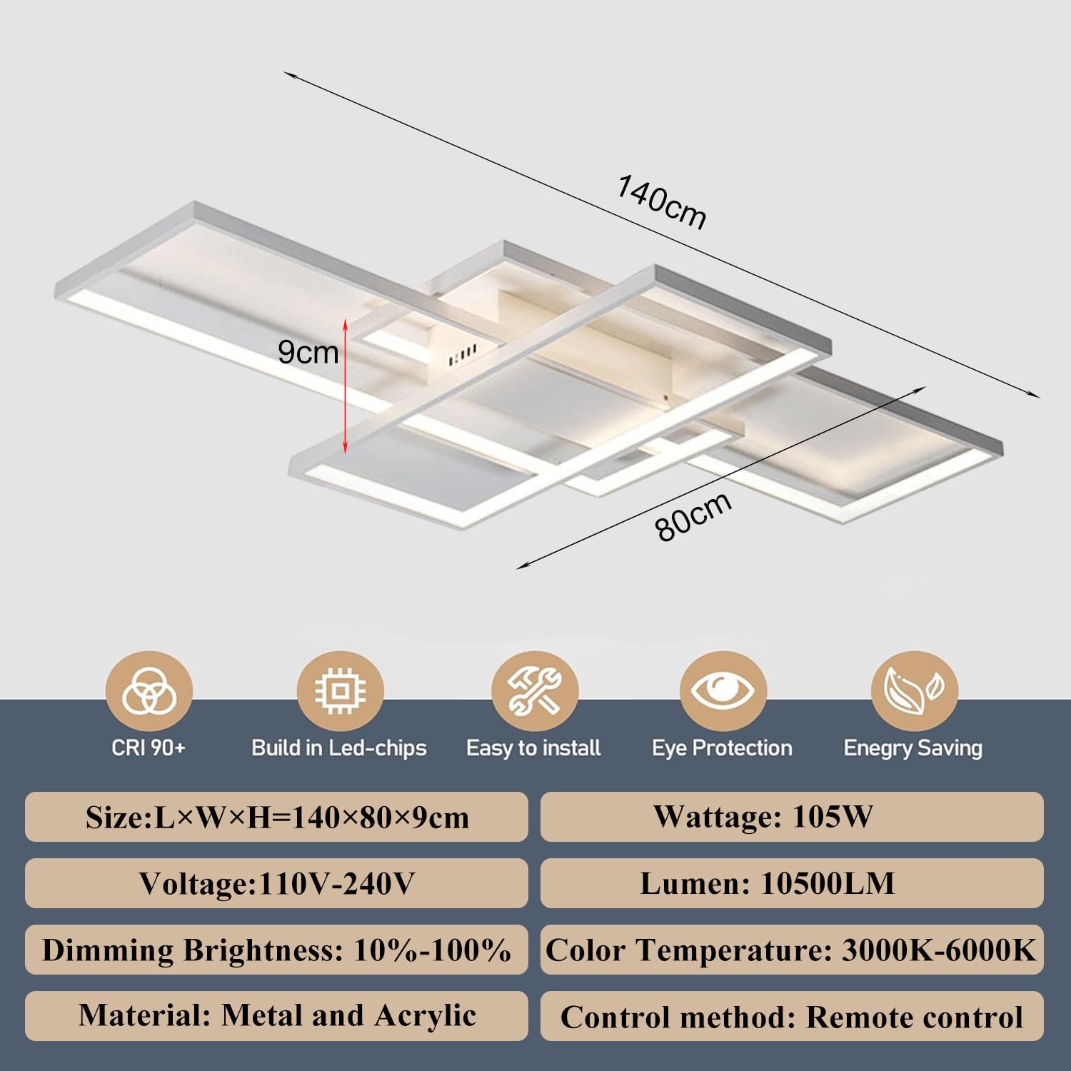 TYJY Plafoniera LED Soffitto 105W Dimmerabile, 140cm Lampadario Soggiorno | Moderno Plafoniera Bianco Rettangolare con Telecomando, 3000K-6000K, Funzione Memoria, per Soggiorno, Camera da Letto, Cucina
