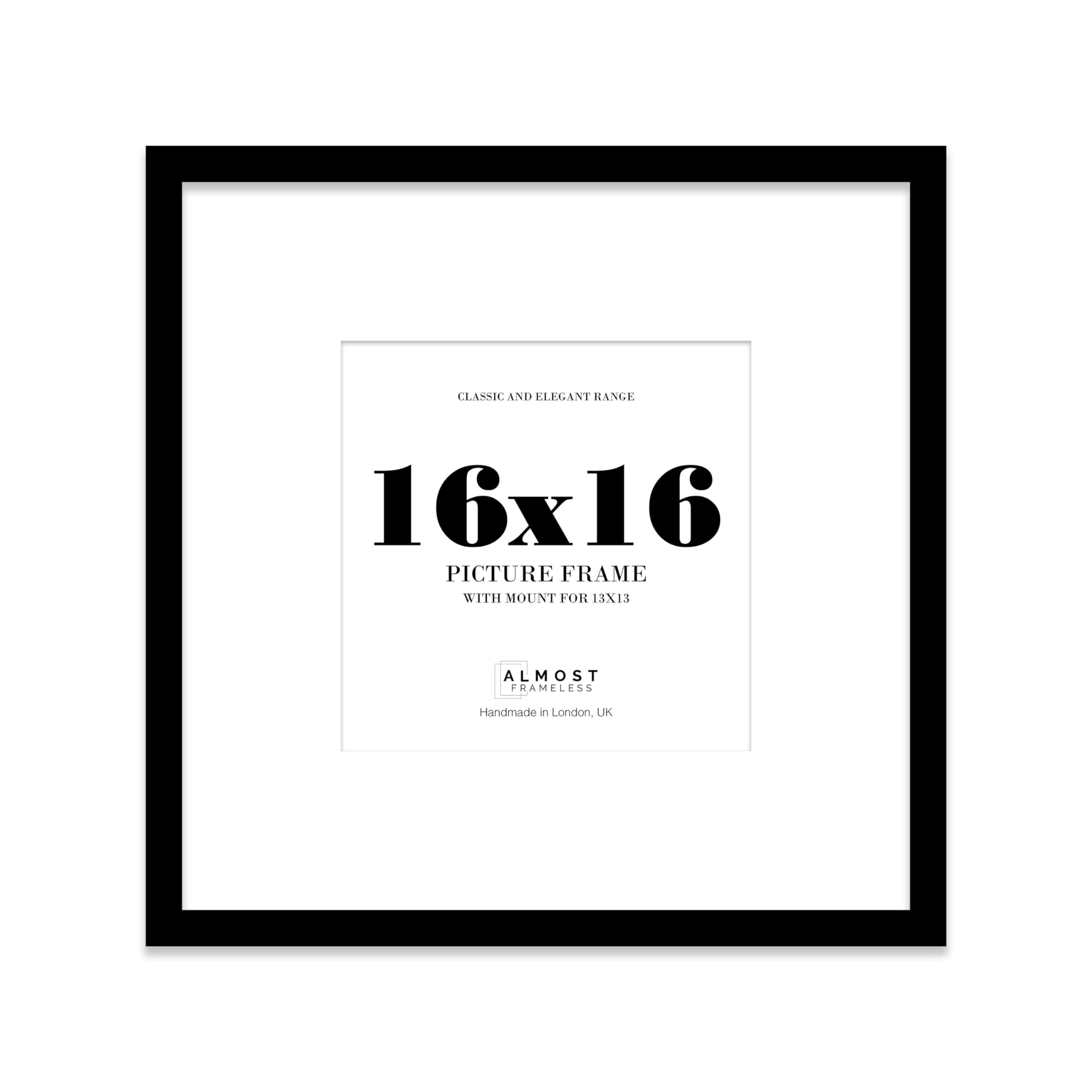 Almost Frameless 16x16 Square Picture Frame, Display Pictures 13x13 With Mat or 16x16 Without Mat, Wall Hanging & Free Standing Photo Frame, Black, 1 Pack
