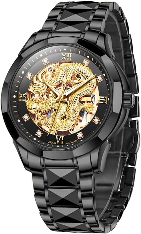 OLEVS Watches for Men Gold Automatic Watches Mens Dragon Skeleton Mechanical Luxury Watch Business Dress with Tungsten Steel Luminous 160FT Waterproof Diamond Fashion Wrist Watch Gold