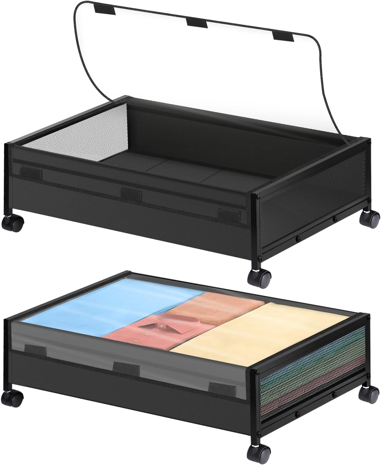 Under Bed Storage with Wheels, Upgraded Under Bed Rolling Storage, 2 Pack Under Bed Shoe Storage Organizer, Bedroom Underbed Large Storage Cart with Lid for Clothes,Toy, Book, Bedding, Blanket BLACK