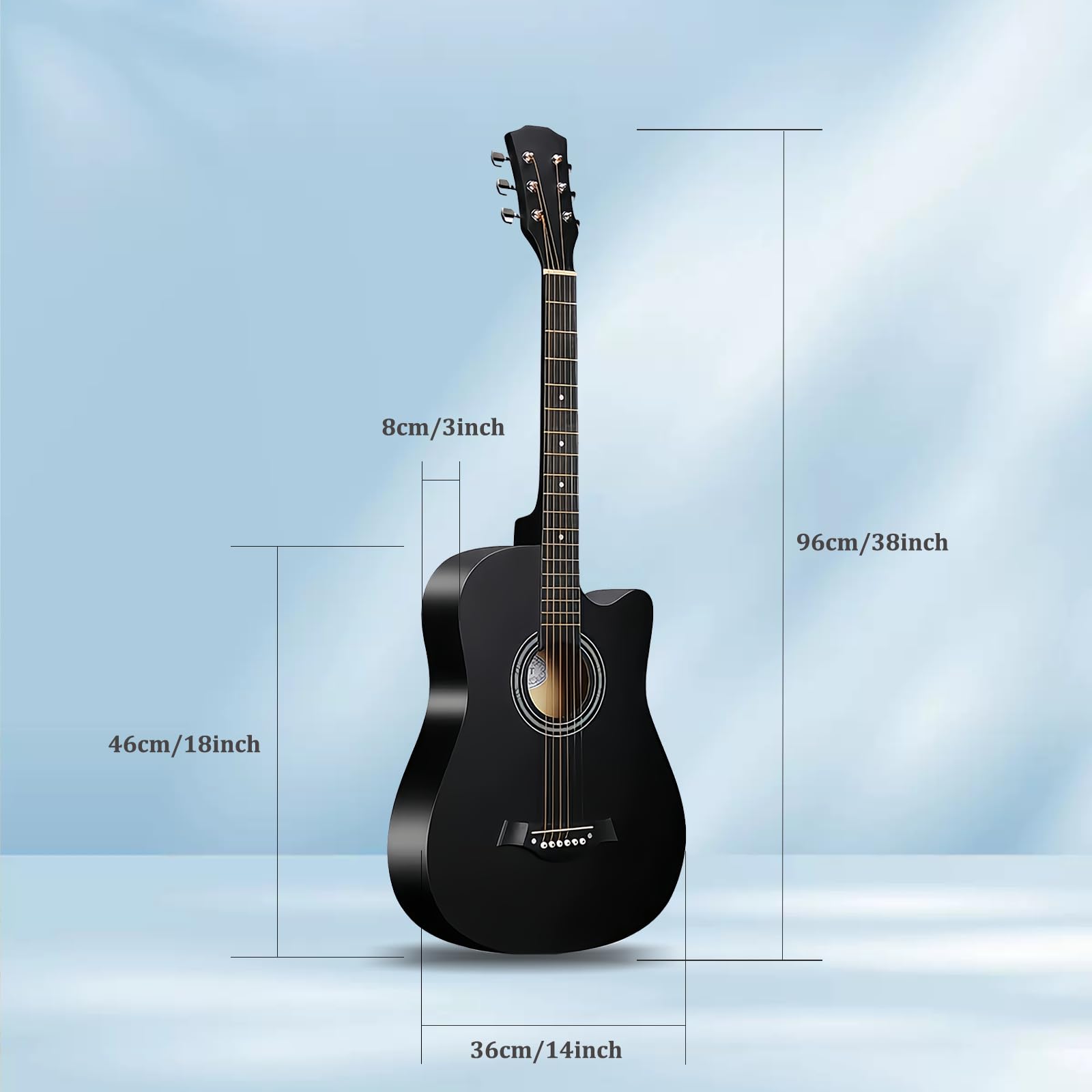 Drewniana gitara akustyczna 96,5 cm, 6 stalowych strun, gitara akustyczna z torbą na gitarę, podstawowy samouczek gitary ludowej dla początkujących i dorosłych, czarna