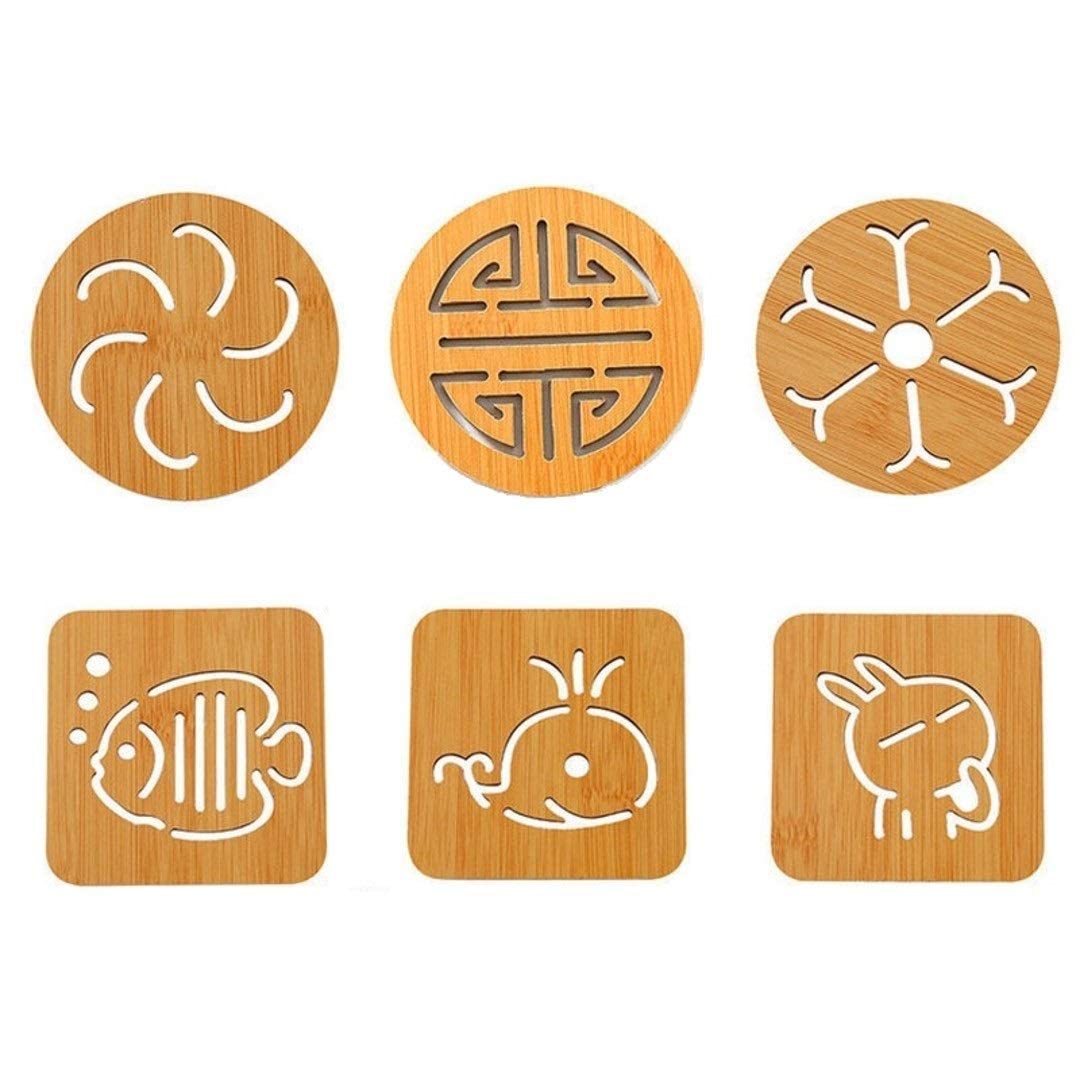 SHFTI Trivets for Hot Pots, Wooden Coaster, Natural Kitchen Wooden Trivet Mat Set Unique Drink Coaster Heat Resistant Pad for Pans, Plates, Dishes, Teapots (Small, Random Pattern) (Pack of 6 PCS)