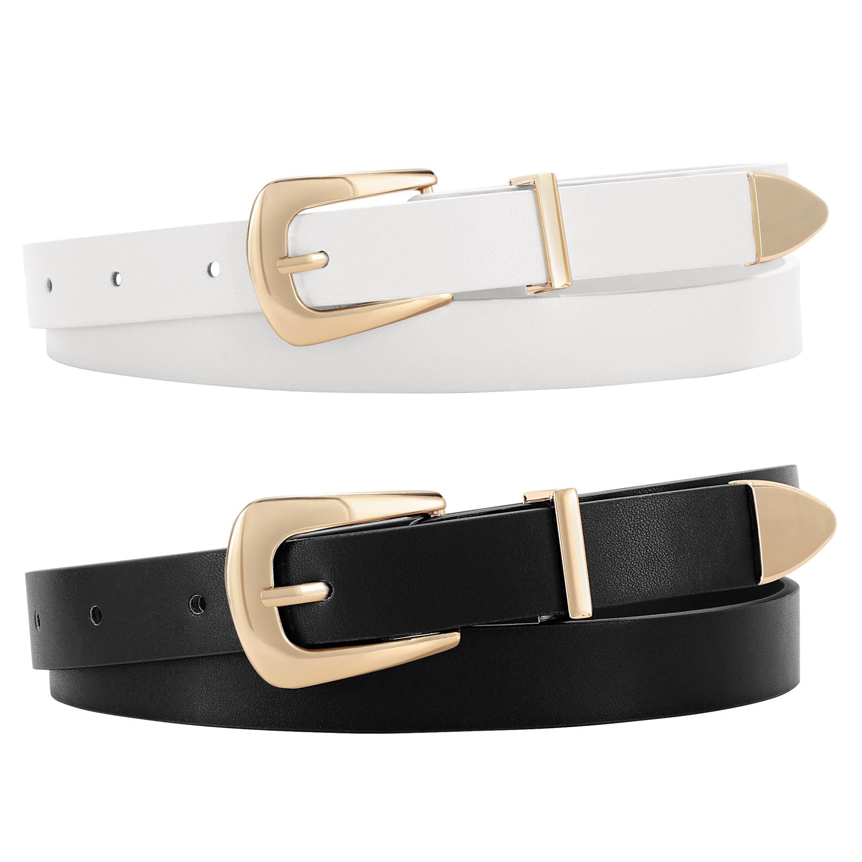 JASGOOD 2 Pack Women's Skinny Leather Belts Faux Leather Thin Waist Belts with Gold Buckle for Jeans Pants Dresses