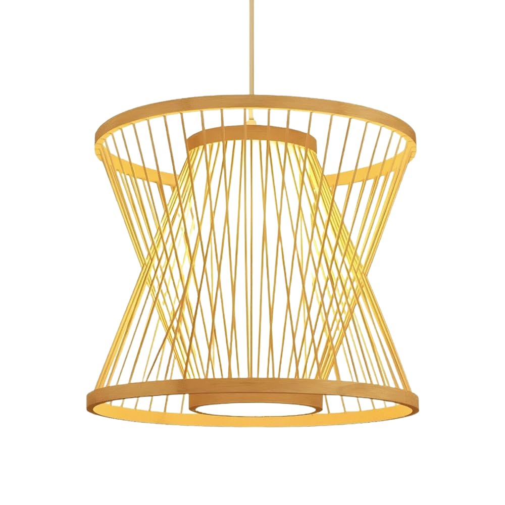 YNAHZAOK Chinese Bamboo Art Lantern Pendant Light Boho Bamboo Weaving Lighting Fixture for Restaurant Entryway Pastoral Style Hollow Out Hanging Lamp for Dining Room Kitchen Foyer Adjustable Height