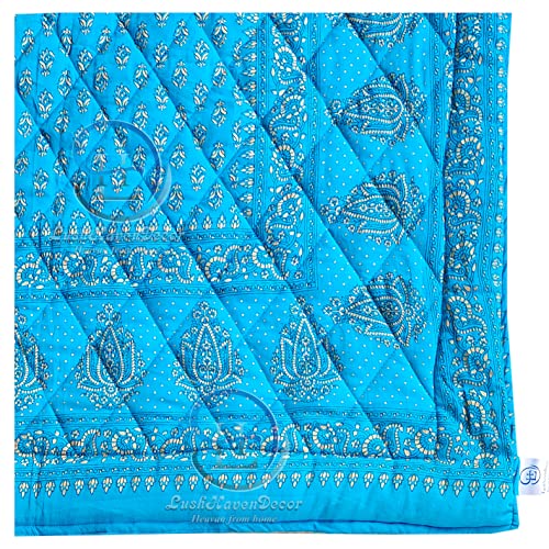 Image of Jaipuri Razai Single Bed Gold Print with Computerized Quilting Use as Soft and Breathable Cotton Comforter Quilt Rajai Blanket Dohar Size 55X85 inch Sky Blue Pack of 2