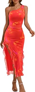 DRESSTELLS Women's Cocktail Party Formal Wedding Guest Mesh Ruched One Shoulder Bodycon Long Slit Evening Dress