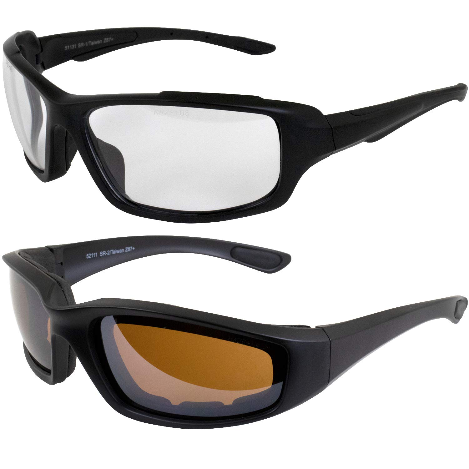 2 Pairs of Raze Eyewear Black ANSI Z87.1 Motorcycle Safety Glasses 1 SR1 Frames Clear Lenses and 1 SR2 Amber Lenses