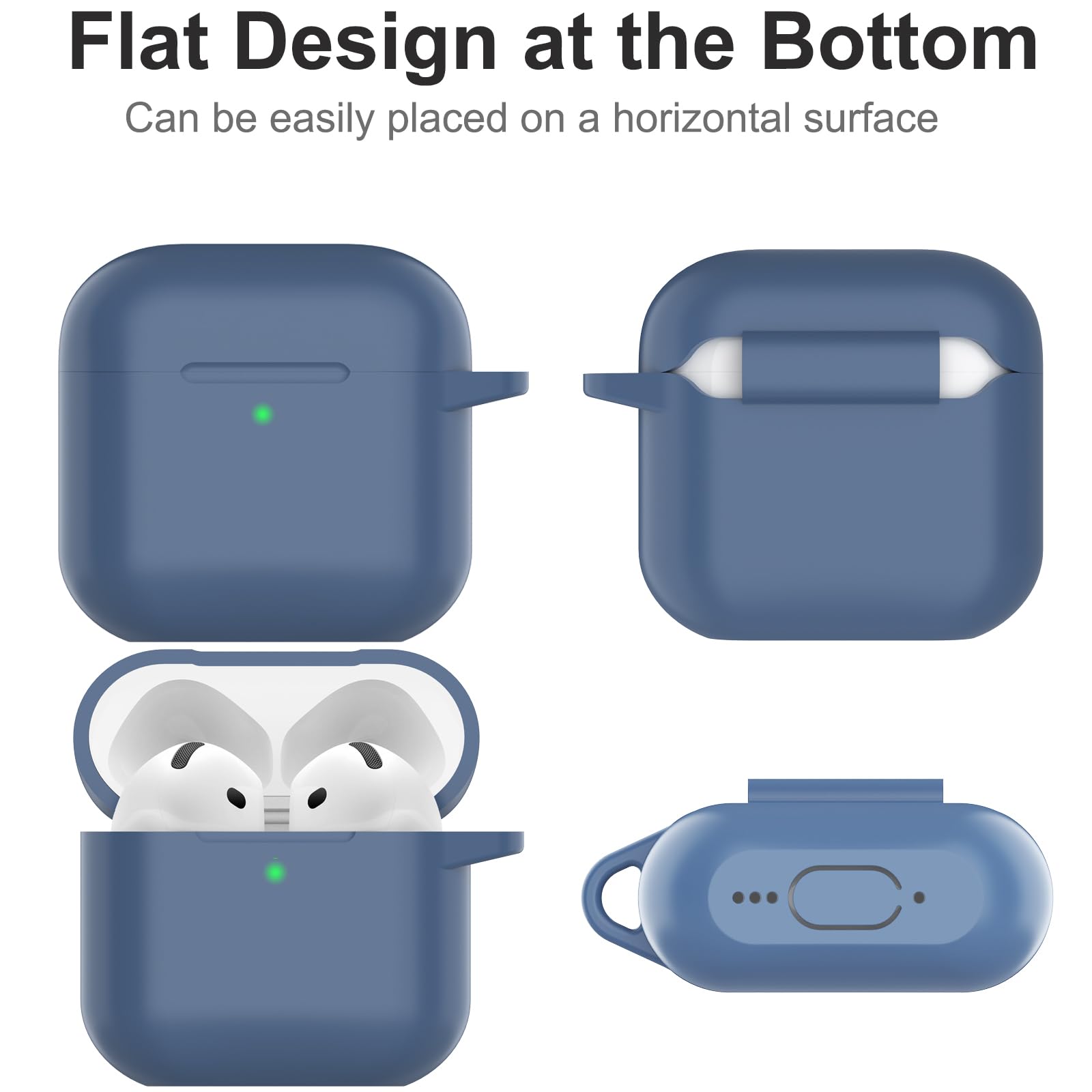 Custodia per AirPods 4 2024, Case Protettiva in Silicone per AirPods 4th 2024 Cover in Silicone Visibile a LED Frontale con Moschettone, Navy Blu