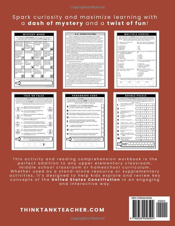 United States Constitution Interactive History Workbook for Kids: Puzzles and Secret Codes, Reading Comprehension, Civics and Government, Constitution, Branches of Government, Bill of Rights - Image 2