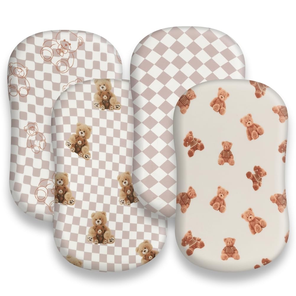 Juego de sábanas ajustadas para moisés neutros de oso y búfalo a cuadros, transpirables, unisex, para niños o niñas