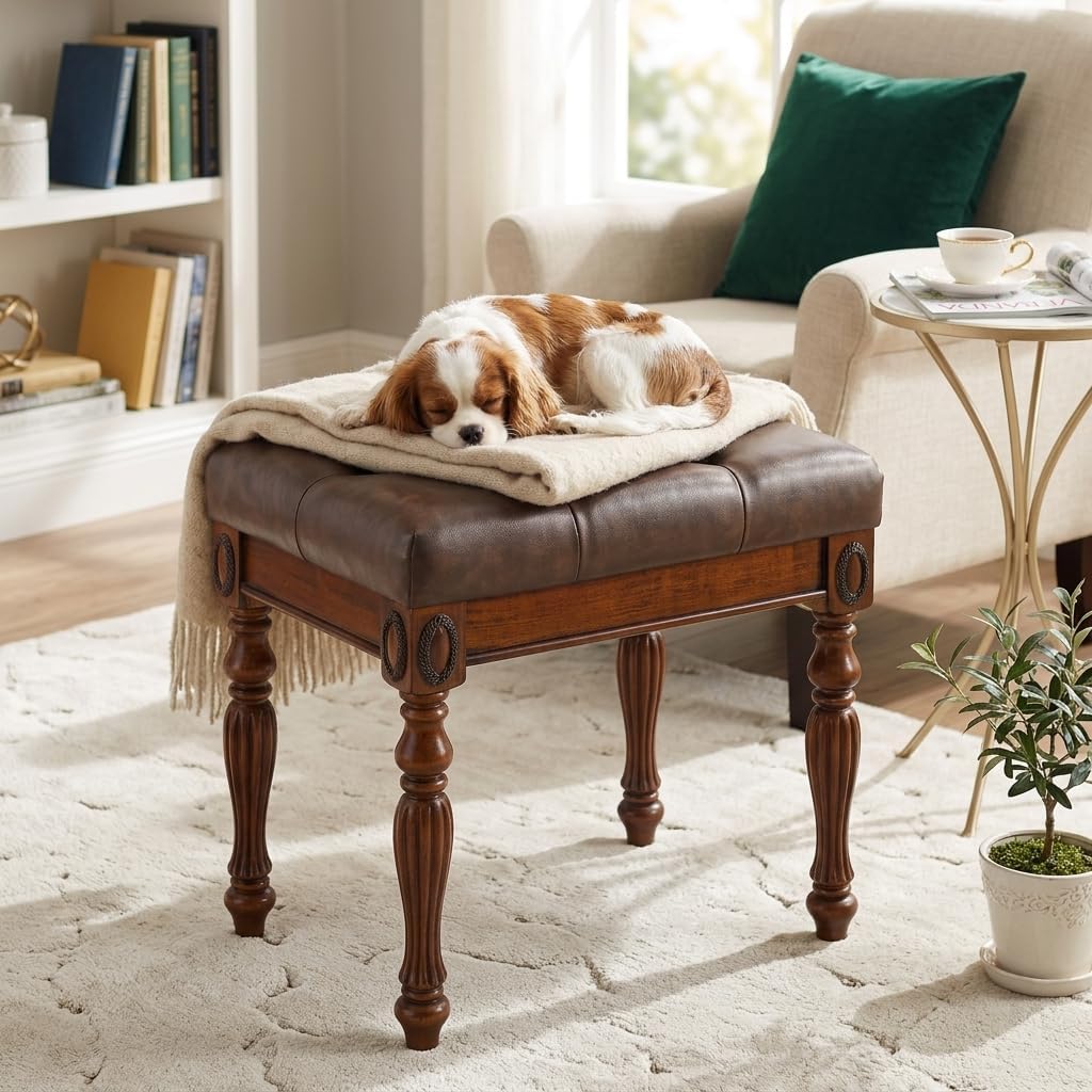Vanity Stool Bench for Makeup Room, Upholstered Piano Bench with Faux Leather, Shoe Bench with Carved Wood Leg, 18.5” x 14.2” x 19.1" Bed End Benchs, Tool-free Assembly, Walnut &Cherry Brown FD1533BN