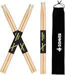 Donner Drum Sticks, 7A Snare Drumsticks for Drums Classic Maple Wood Drum Sticks 2 Pair with Carrying Bag Black
