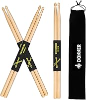 Vista 10 de Donner Baquetas 5A, baquetas clásicas de madera de arce negro con bolsa de almacenamiento, 2 pares