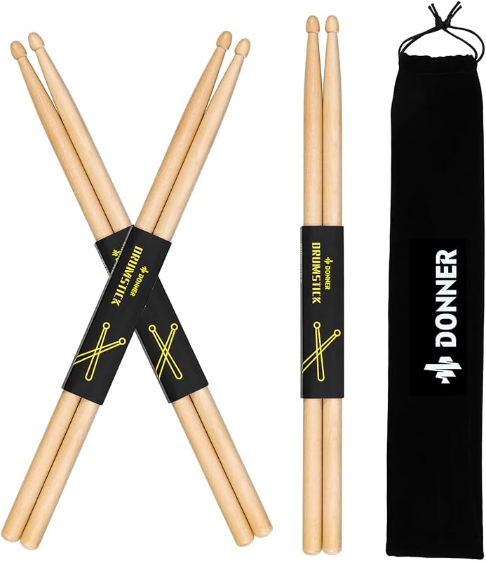 Donner Baquetas, 3 Pares de Baquetas 5A Baquetas clásicas de Madera de Arce con Bolsa de Transporte, Regalo de cumpleaños de Navidad, Grandes Vacaciones