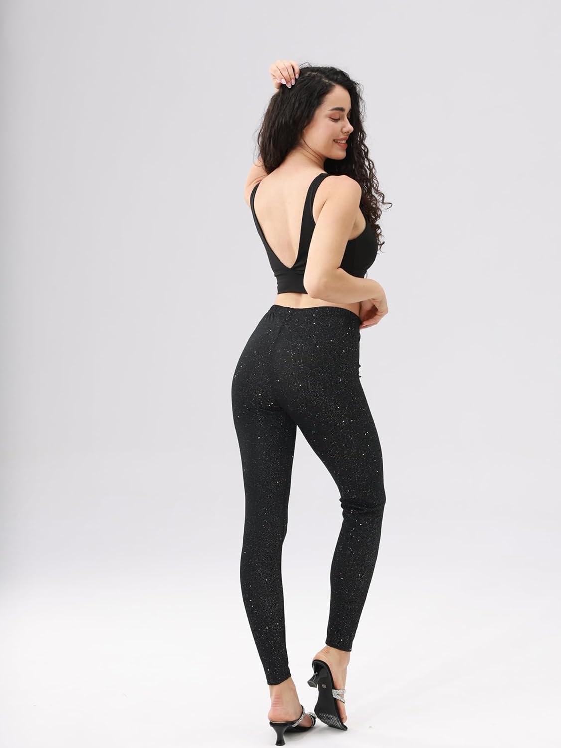 Women's High Waisted Shiny Pants, Starry Sky Print Skinny Leggings, Casual Elastic Waist Long Length Leggings - Image 4