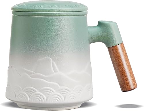 Miniatura 18 de ZENS Taza de té con infusor y tapa para té de hojas sueltas, taza de té de cerámica en relieve de 14.5 onzas con coladores finos y mango de madera,