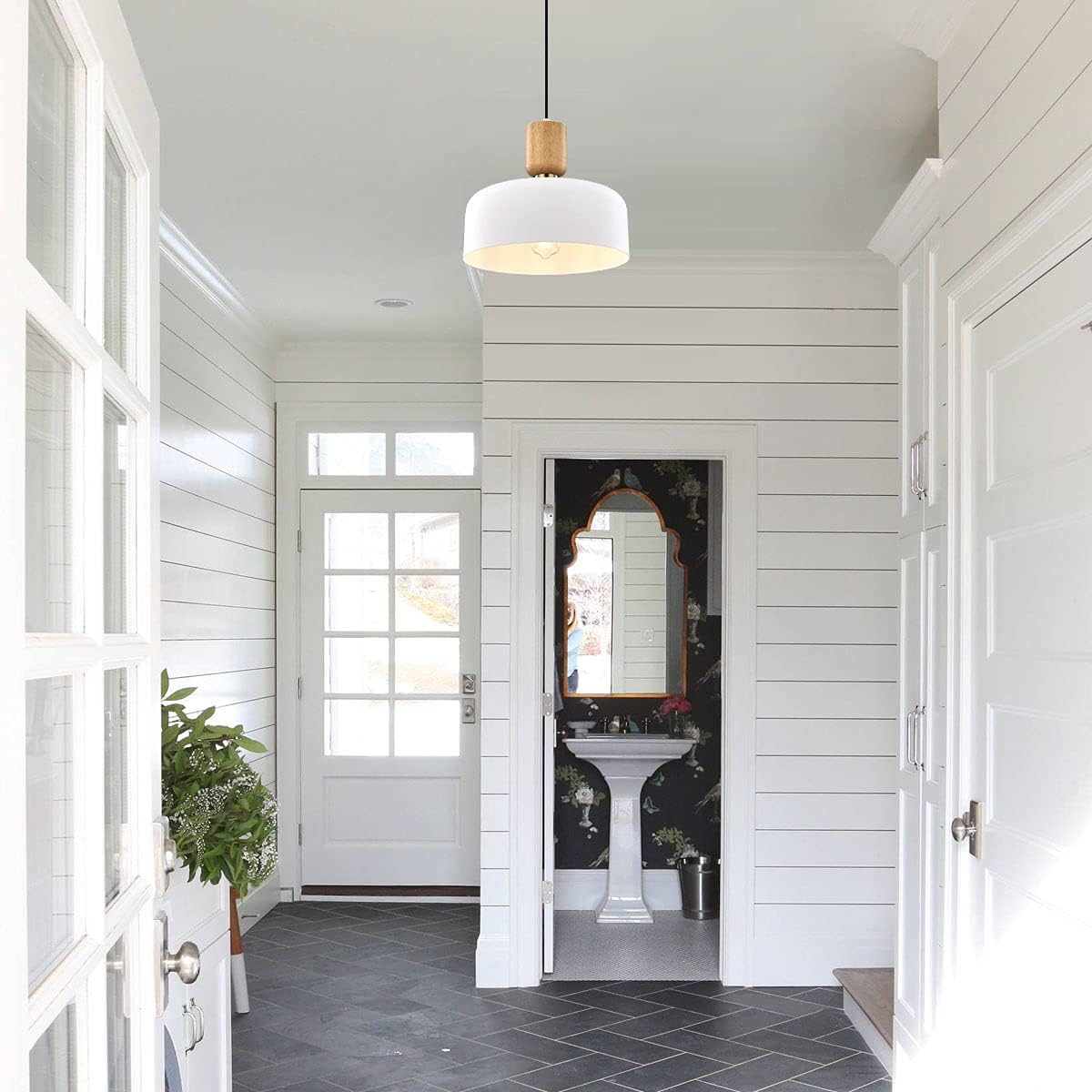 Modern Pendant Lighting, 12 Inch Large Pendant Lamp, Wood and Brass Accent, Adjustable Metal Hanging Light Fixture for Kichen, Dining Room, White - - 