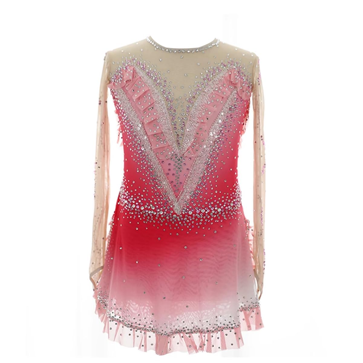 purpleq Glitzer Eiskunstlauf Kleid Damen Rosa Farbverlauf Langarm Kürkleid Strasssteine Ballerina Kleid Latein Tanzkleid Wettbewerb Tanzkostüm Wettbewerb Tanzkostüm