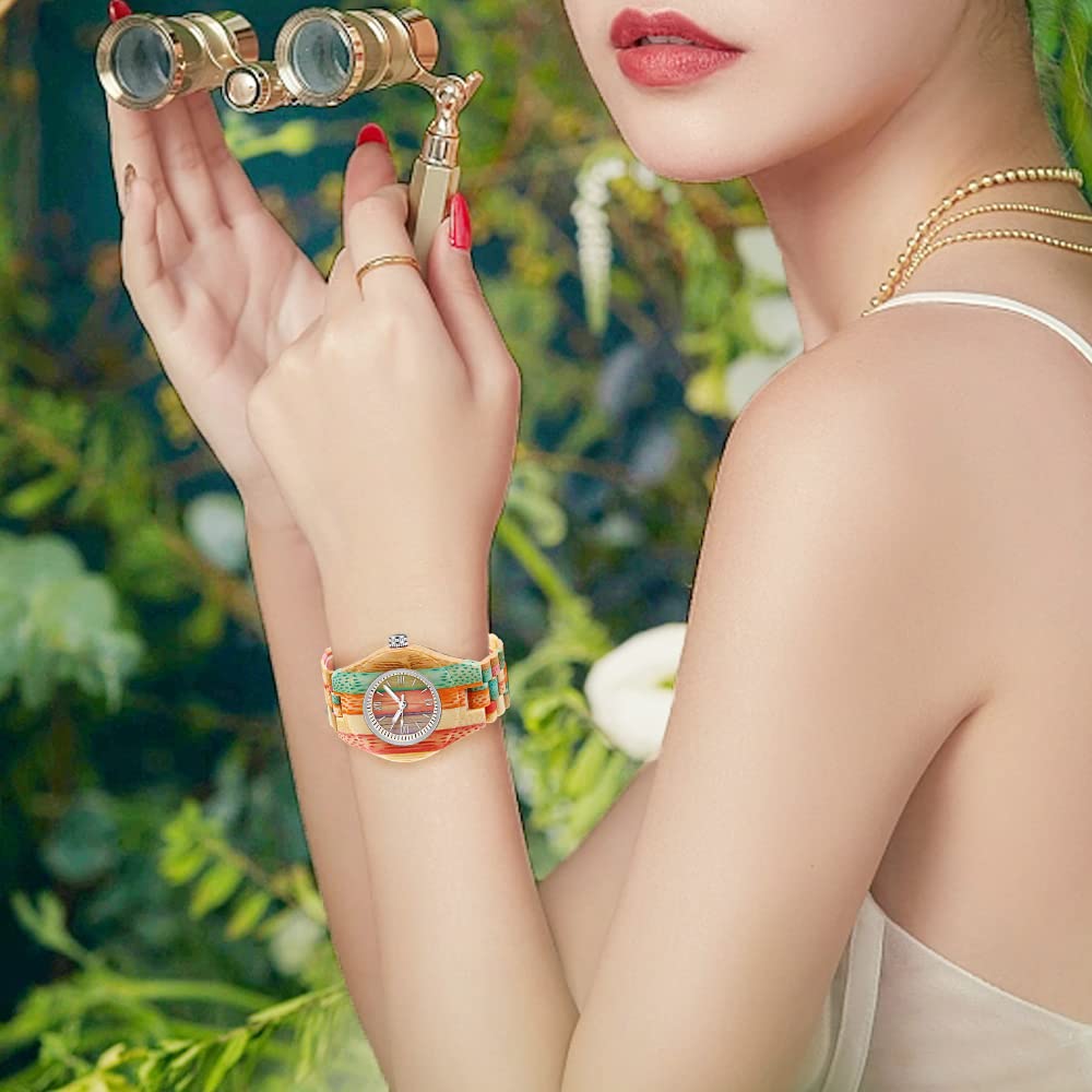 Tiong Reloj de madera para mujer Colorido Bambú Relojes de cuarzo Relojes de mujer Relojes analógicos Números Romanos Relojes de Madera Reloj de Madera para Mujeres, Wq1109-colorido, Retro