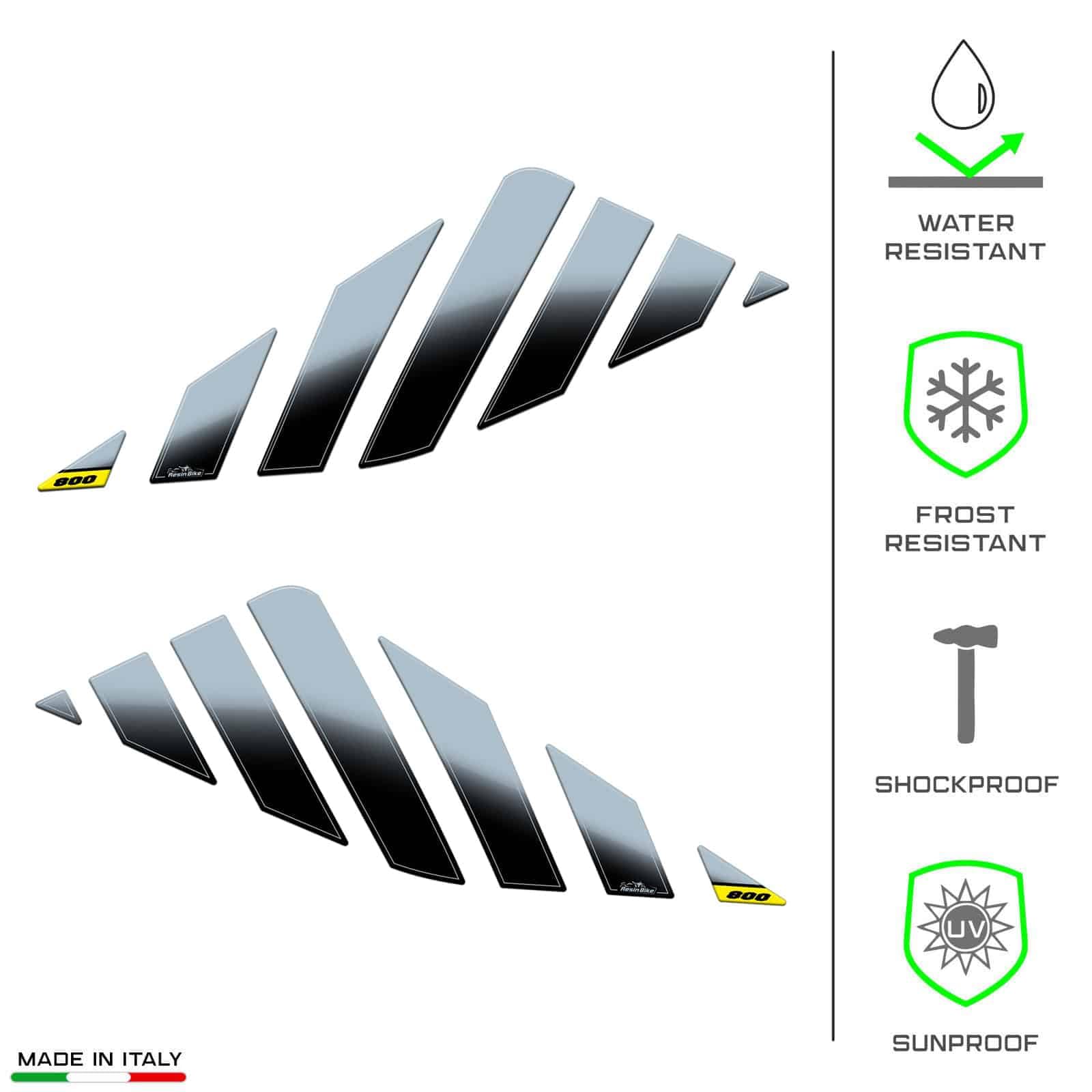 Resin Bike naklejki moto kompatybilne z Suzuki V Strom 800 DE 2023. Ochrona boczna zbiornika paliwa motocykla przed uderzeniami i zarysowaniami. Para naklejek 3D z żywicy w kolorze szarym Berlin