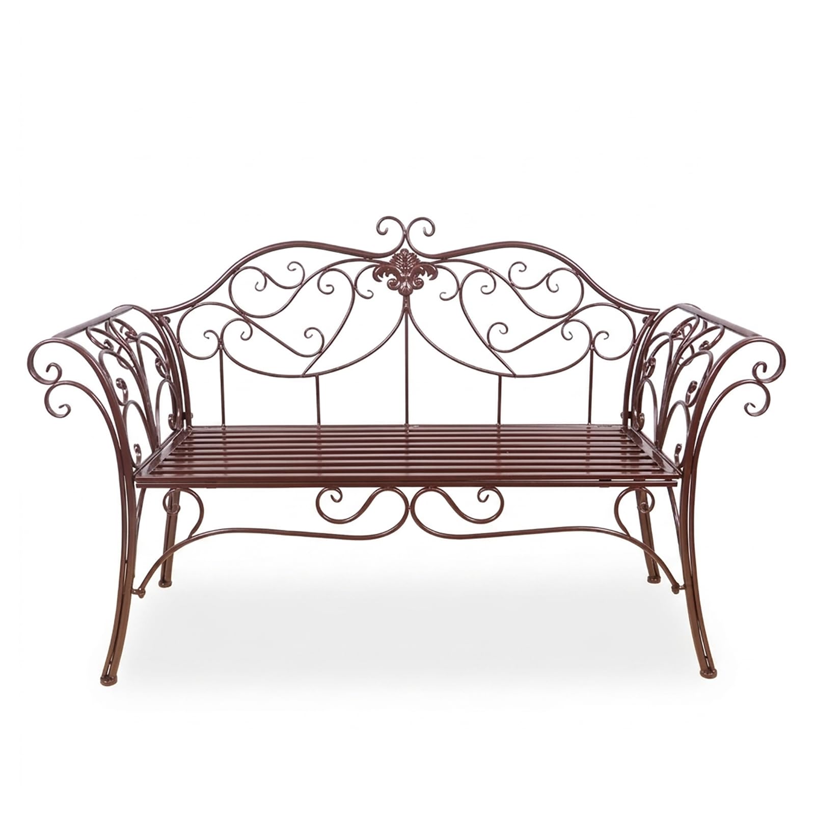 Banco de jardín de metal retro de 2 plazas con respaldo curvado de hierro fundido y aluminio, fácil montaje, elegante mueble de patio para porche, patio, balcón, acabado bronce