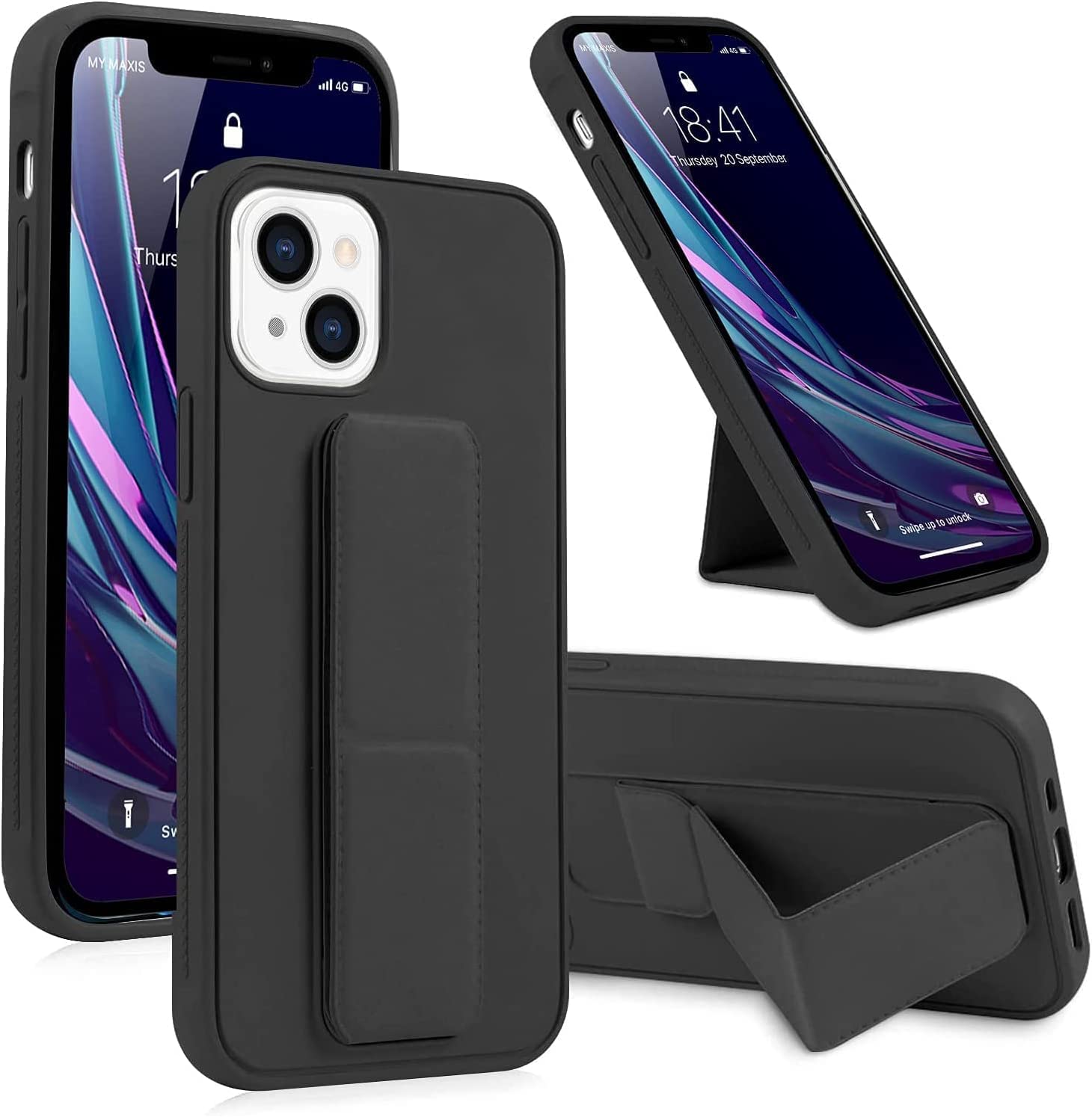 Emodil iPhone 14 Case Cover Magnetic Car Mount Kickstand & Holder, Premium Silicone Vertical & Horizontal Hand Strap and Grip with Multi Stand for iPhone 14 6.1 (2022) (Black)