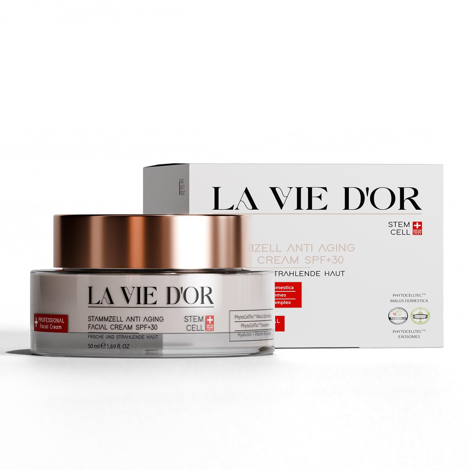 La Vie D'Or Komplettpflege-Set – Anti-Aging Serum + Lippenpflege Serum + Haar- & Kopfhautserum + Gesichtscreme SPF 30 – Stammzellentechnologie – Vegane Luxuspflege