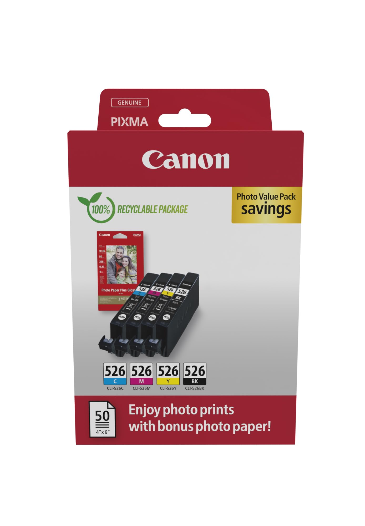 Canon CLI-526 C M Y BK Vorteilspack 4 Tintenpatronen (Schwarz, Cyan, Magenta, Gelb) Original +50 Blatt 10x15cm Photo Paper [Umweltfreundliche Recycle-Kartonverpackung 2024]