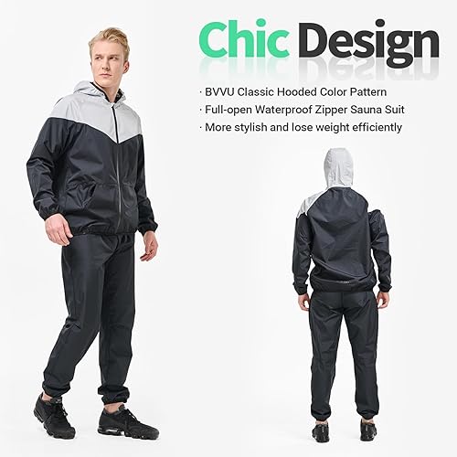 Miniatura 4 de BVVU Traje de sauna para hombre con cremallera con capucha chaqueta de sauna pantalones gimnasio entrenamiento cuerpo completo