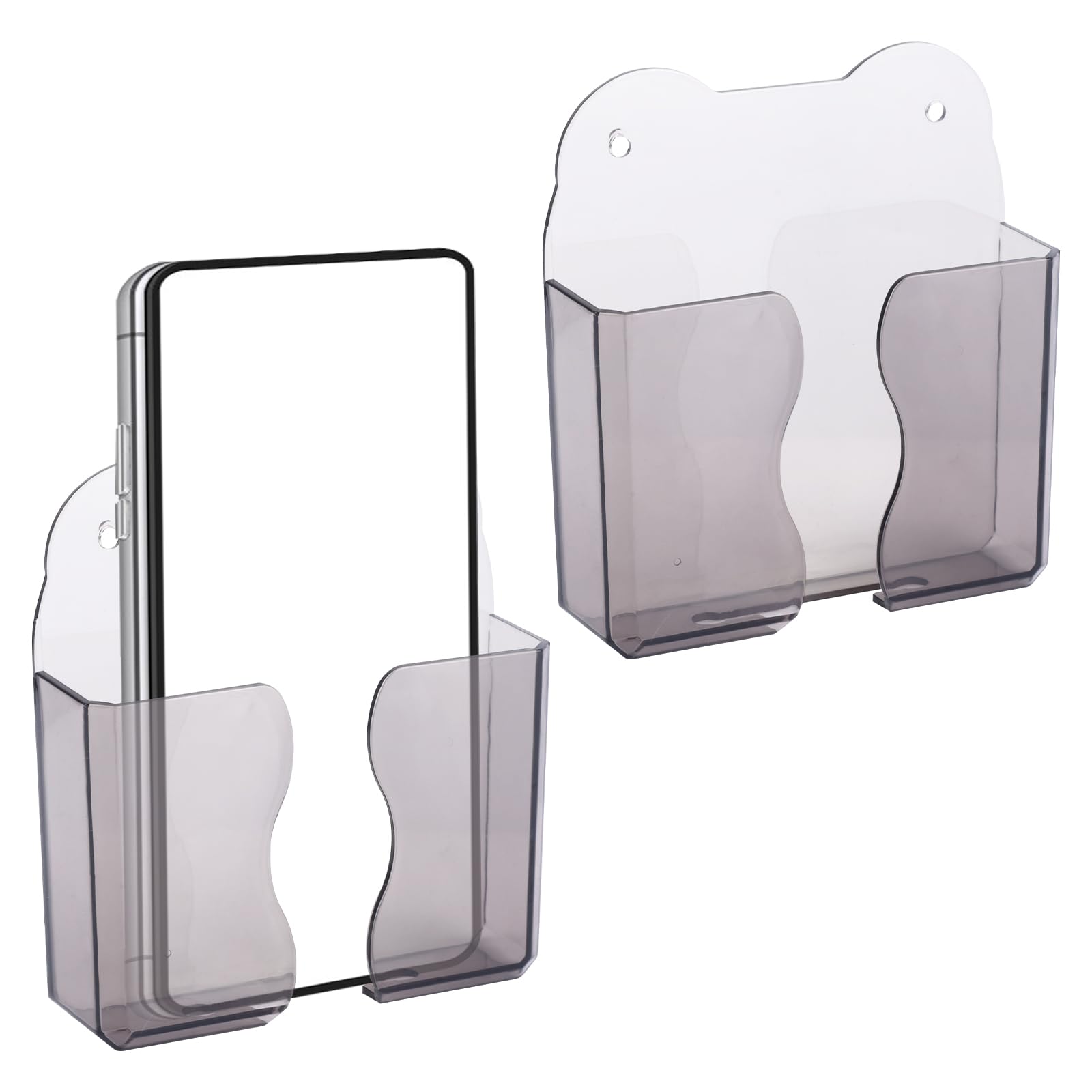 2pcs Wall Mount Phone Holders, Clear Plastic Self Adhesive With Charging Hole Shelf Stand, Bedside Smartphone Stand Cradle, Cell Mobile Phone