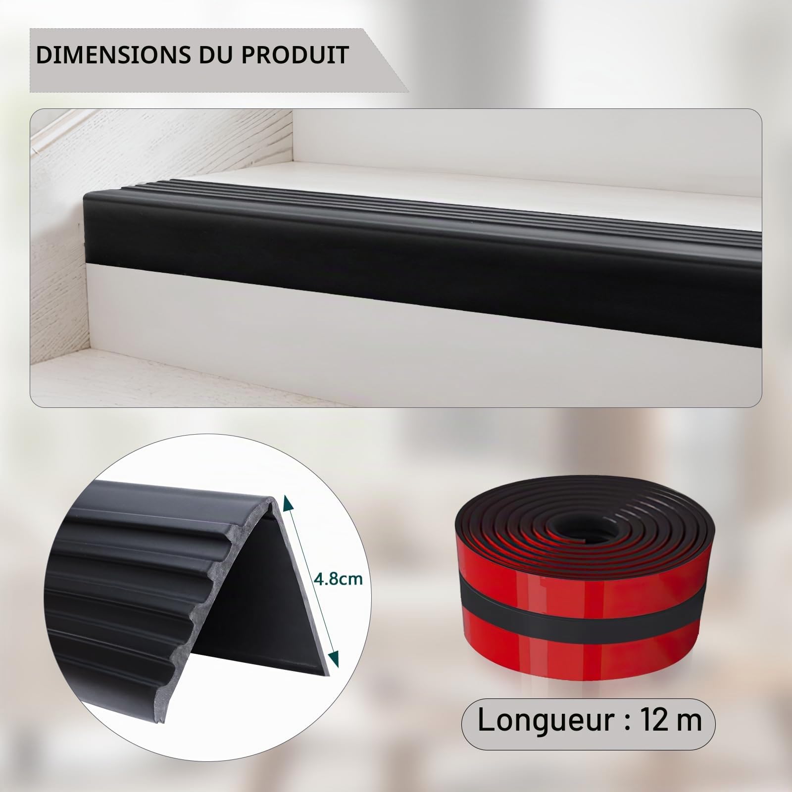 12m Nez de Marche Antidérapant, 50 mm × 48 mm Nez de Marche Escalier Adhésif en Vinyle pour Escaliers, Protection de Bord, Intérieur et Extérieur