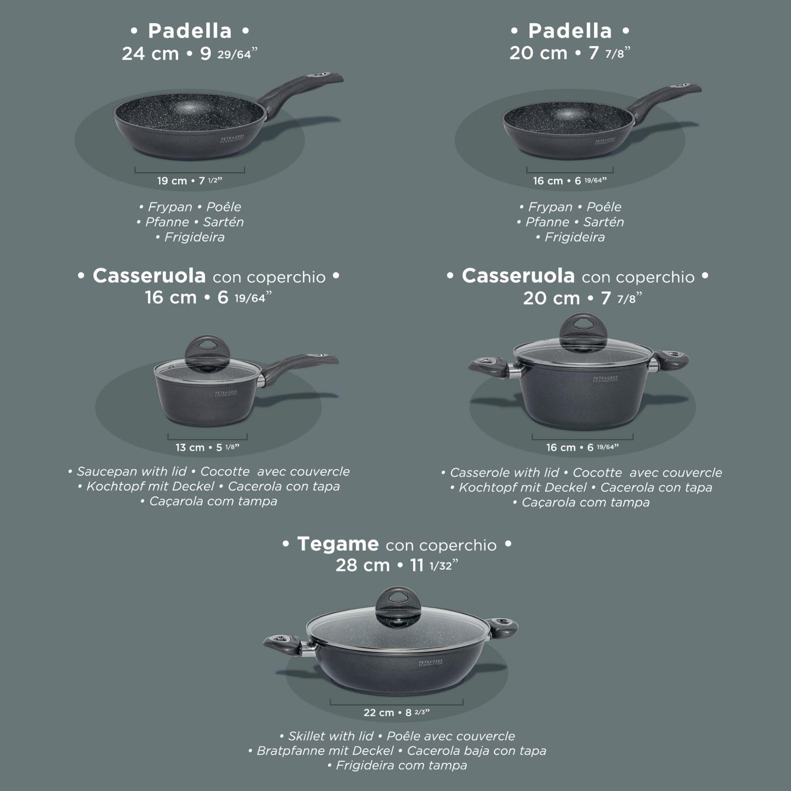Aeternum, Petragres Ecosolution, Batteria 8 pezzi, 2 Padelle 20-24 cm, 2 Casseruole 16-20 cm, 1 Tegame 28 cm, 3 Coperchi 16-20-28 cm, Full Induction, Adatto all'Induzione, Riv. PFAS FREE, Grigio scuro