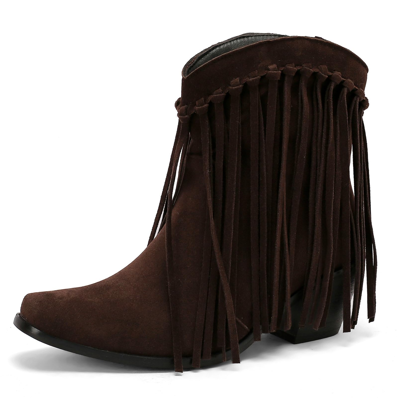 KiutSymo Cowboy Boots for Women Ankle Western Fringe Booties Chunky Block Heel Square Toe Pull On Wide Calf