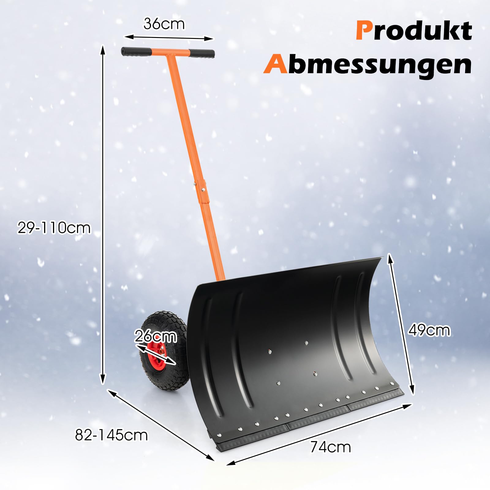 COSTWAY Łopata do śniegu na kółkach z regulacją wysokości, tarcza do śniegu 74 cm, szerokość robocza 49 cm, chroniąca plecy szufla do śniegu z regulowanym kątem, odśnieżarka metalowa