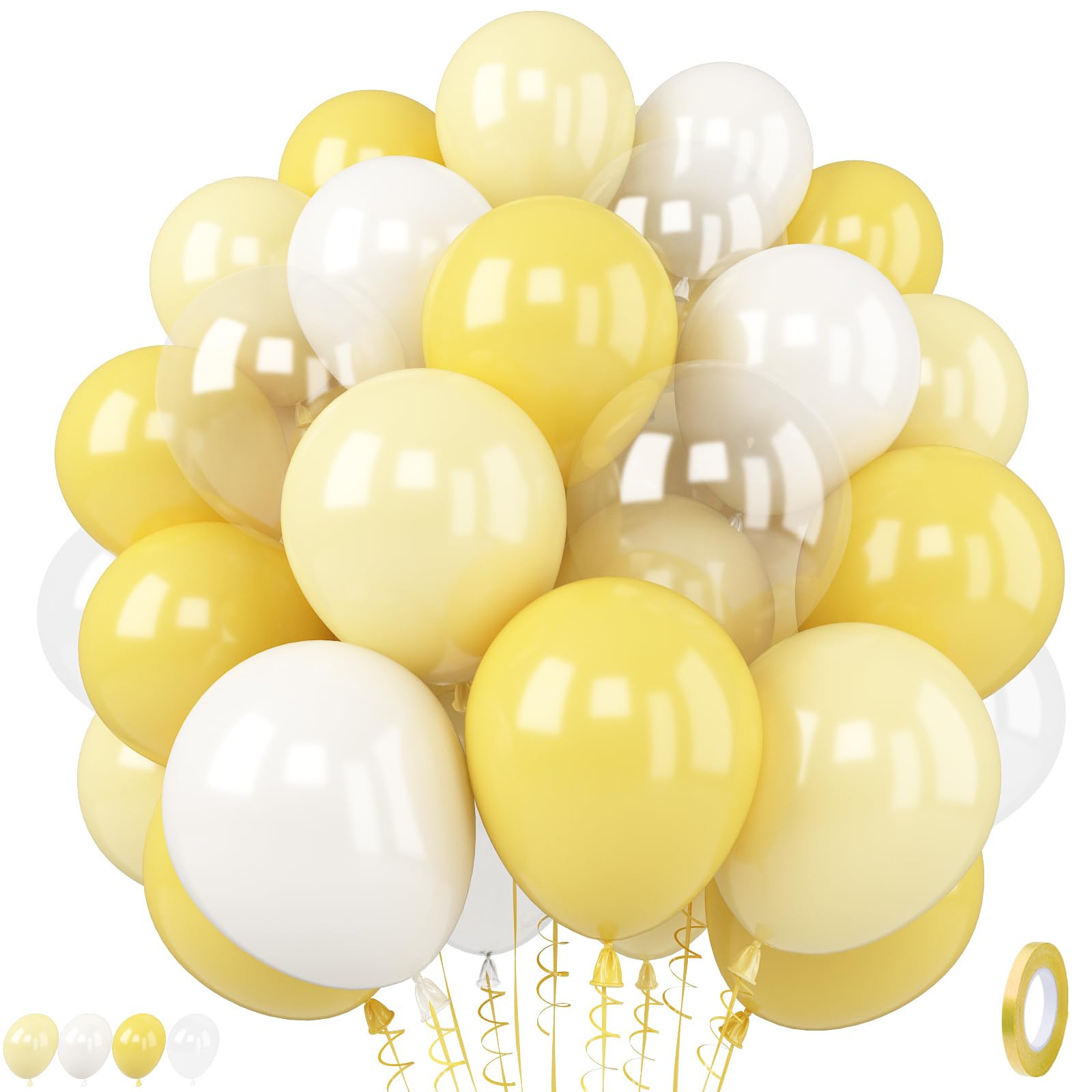 Yellow and White Balloons, 12 Inch Pastel Light Yellow Ivory White and Clear Latex Helium Balloons for Lemon Sunflower Bee Daisy Theme Kids Birthdays Bridal Baby Shower Wedding Party Decoration