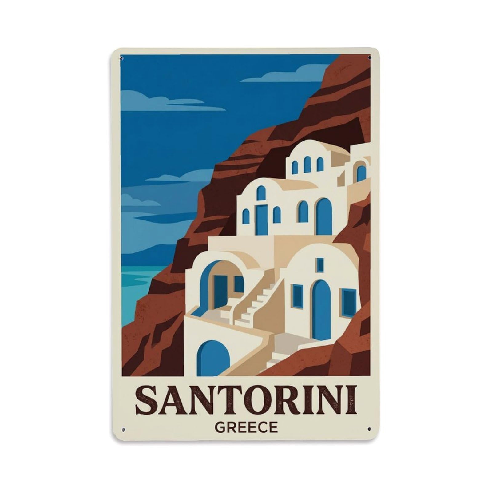 Fyrn Style Metal Tin Sign Vintage Travel Santorini Greece Cave