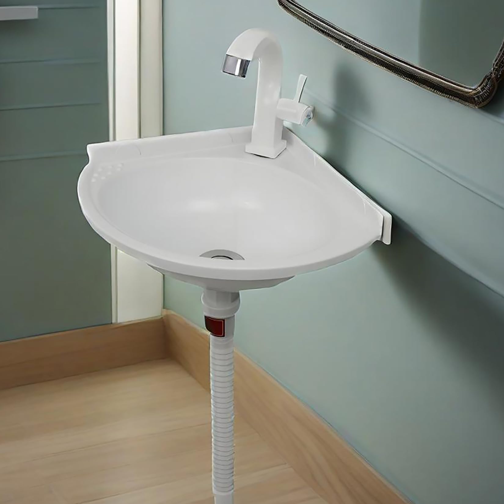 Petit Éviers D'angle,Sans perçage Évier Mural,Plastique Triangulaire Montage Lavabo de Salle de Bain Mini Vasque avec Robinet et Kit de Drainage, pour Petit Espac