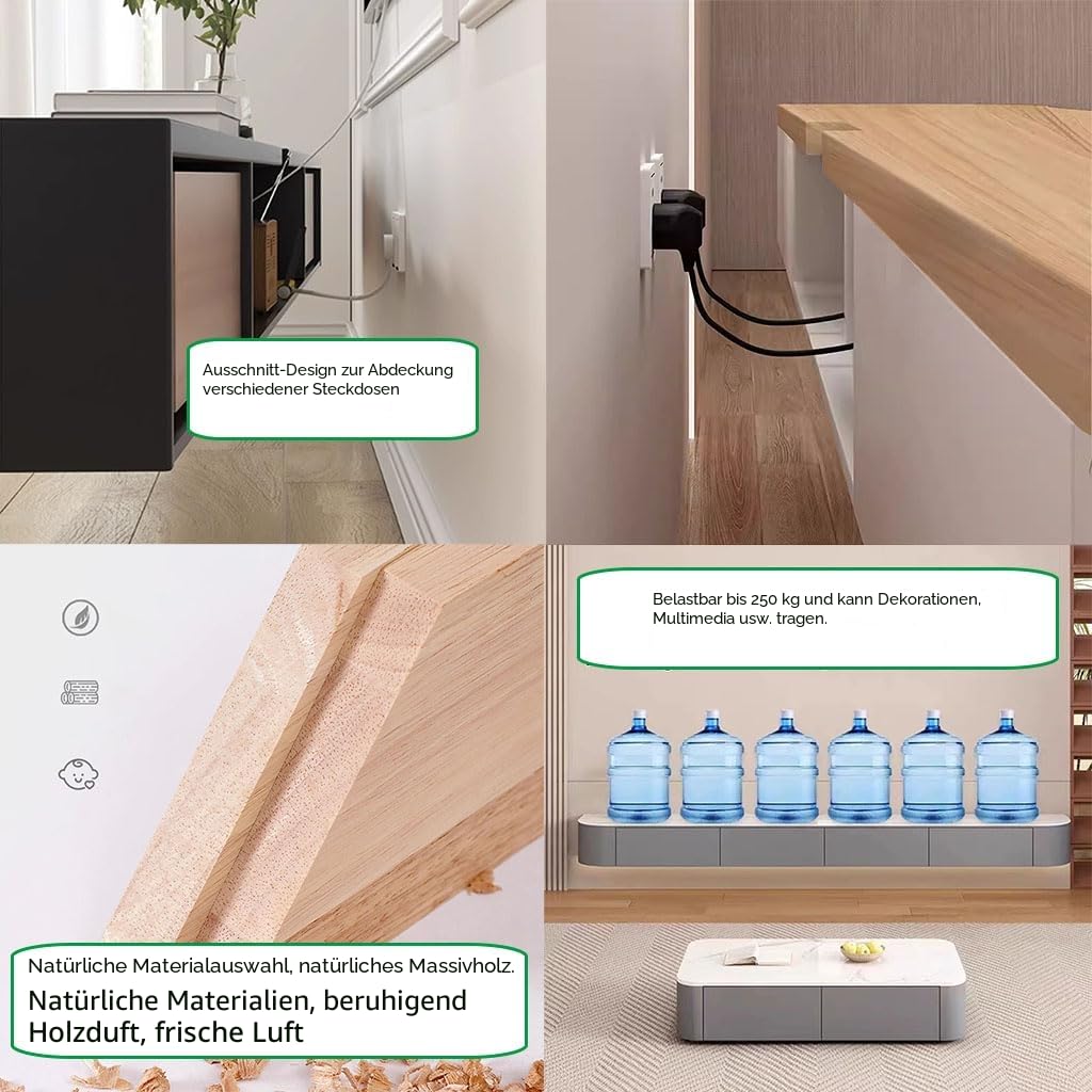 TV-Medienkonsole, Schwimmender TV-Schrank, Groß, Wandmontiert, Mehrere Aufbewahrungsfächer, Geeignet für Wohnzimmer, Schlafzimmer usw. (Grau, 180 x 20 x 24 cm)